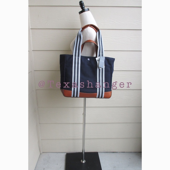 NWT Lauren Ralph Lauren Lora Stripe Detail Canvas Tote Bag Navy - Picture 12 of 16